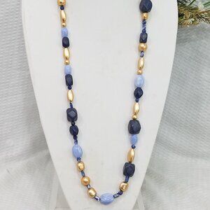 Vintage Signed Ralph Lauren Blue Jasper & Matte Gold Tone Chunky Bead Necklace
